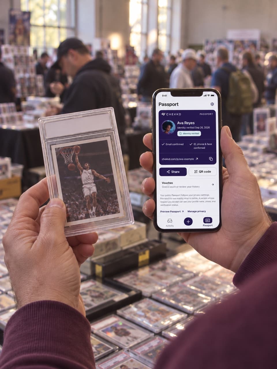 A collector holds a trading card beside an illustrative Chekkd Passport on a phone.