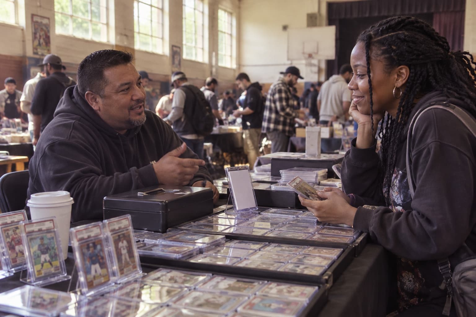 A collector and seller talk across a table of trading cards.