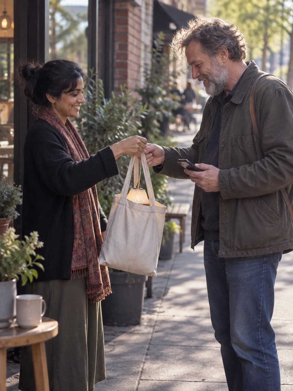 A seller hands a lamp to a buyer outside a coffee shop.