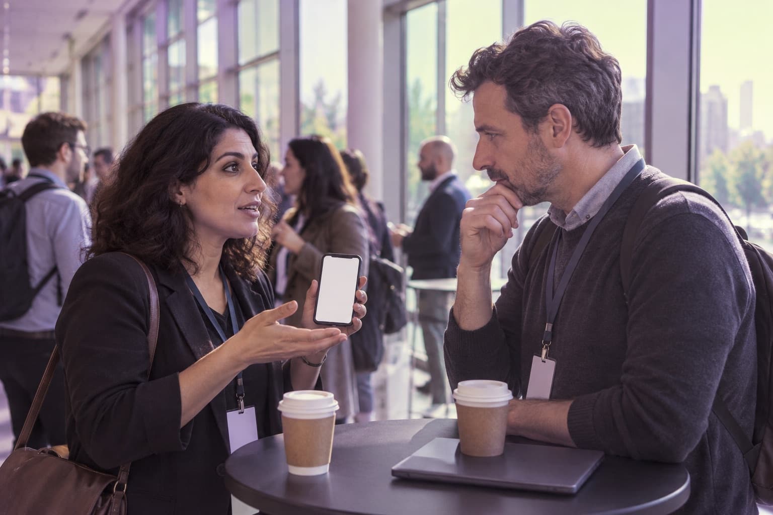 Two people talking across a table at a conference.